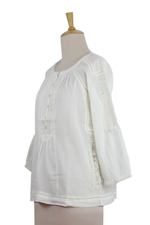 Cotton blend blouse, 'Floral Nature' - Ecru Cotton Blend Women's Blouse with Lace Accents