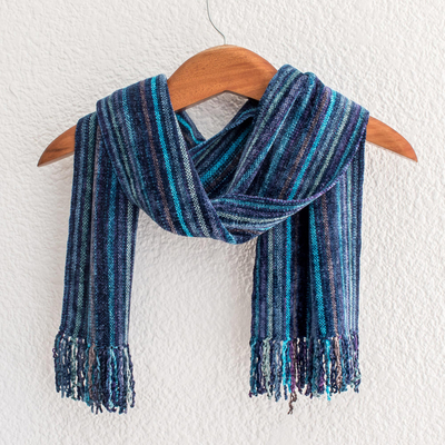 Rayon chenille scarf, 'Sapphire Traditions' - Rayon from Bamboo Chenille Scarf