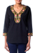 Cotton blouse, 'Ebony Floral' - Handwoven Floral Cotton Embroidered Black Tunic Top