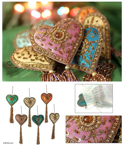 Beaded ornaments, 'Season of Love' (set of 6) - Indian Colorful Hand Made Beaded Heart Ornaments (Set of 6)