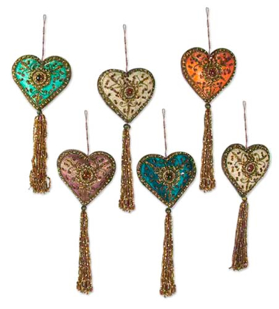 Beaded ornaments, 'Season of Love' (set of 6) - Indian Colorful Hand Made Beaded Heart Ornaments (Set of 6)