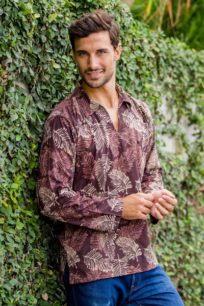 NOVICA Men's Short-sleeved Green Cotton Batik Shirt from Bali