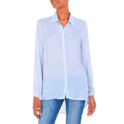 Rayon blouse, 'Mutiara Blue' - Women's Blue Rayon Shirt Blouse with High-Low Hem