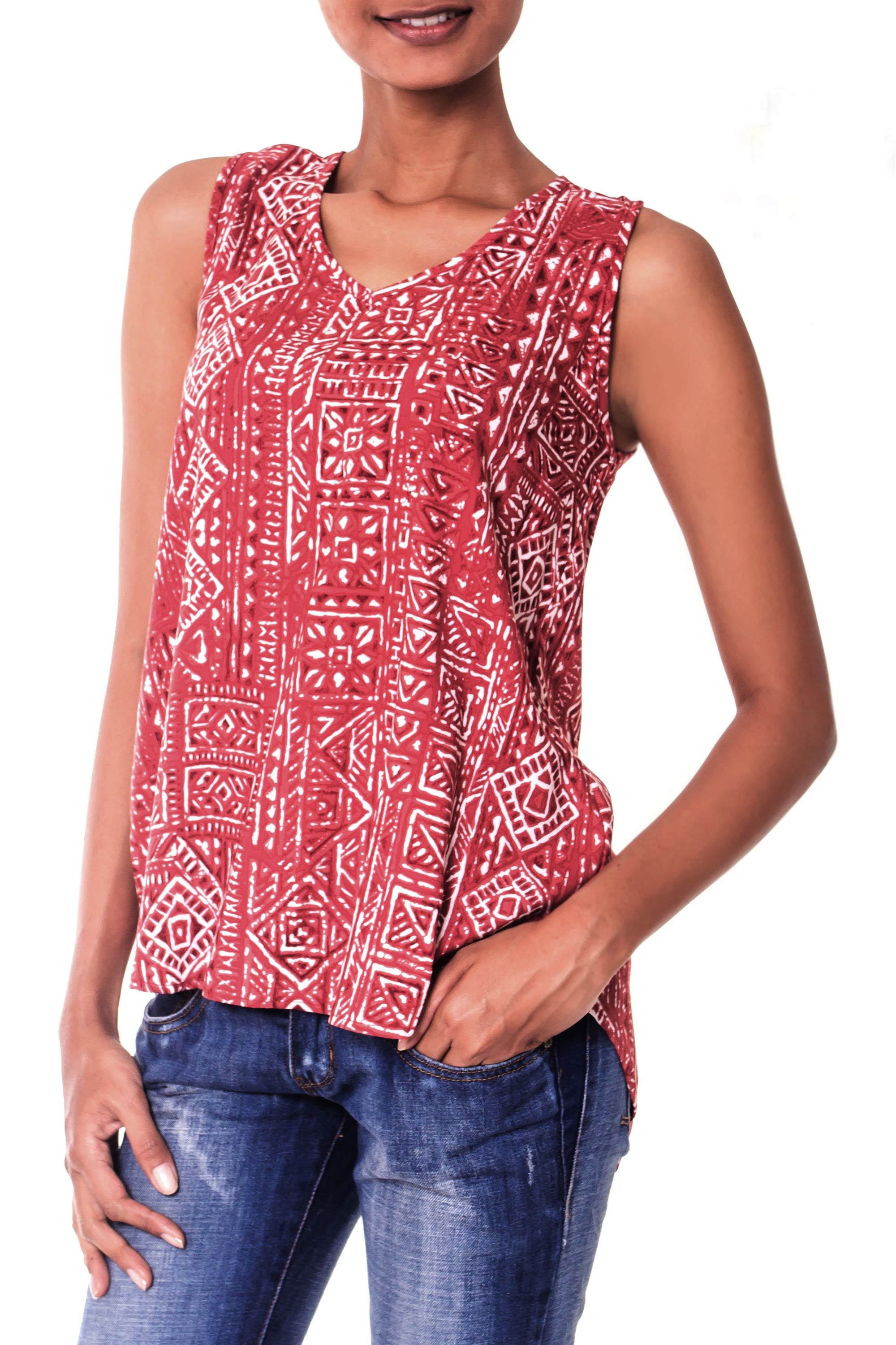 UNICEF Market Women's Crimson Print Sleeveless Rayon Top from Bali