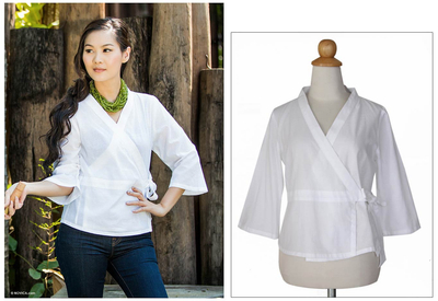 Cotton wrap blouse, 'White Thai Charm' - Unique Cotton Blouse