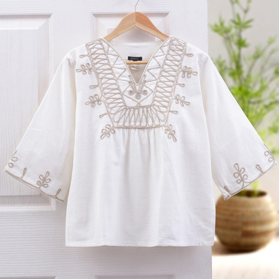 Cotton blouse, 'Dance' - Hand Made  Embroidered Cotton Blouse