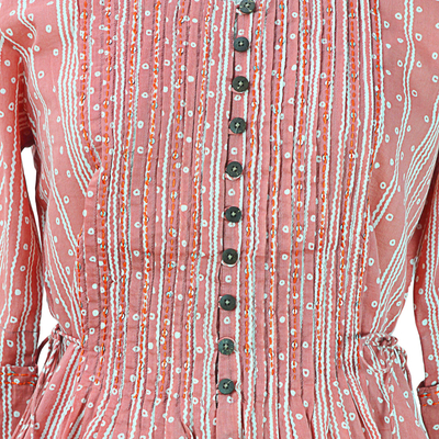 Blusa de algodón, 'Dancing Bubbles in Peach' - Blusa 100% algodón hecha a mano en melocotón y blanco