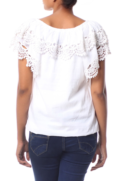 Cotton blouse, 'Feminine Illusion' - White Scoop Neck Cotton Blouse with Lace