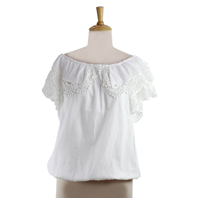 Cotton blouse, 'Feminine Illusion' - White Scoop Neck Cotton Blouse with Lace