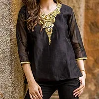 Beaded cotton and silk tunic, 'Midnight Princess' - Dressy Black Beaded and Embroidered Cotton and Silk Tunic