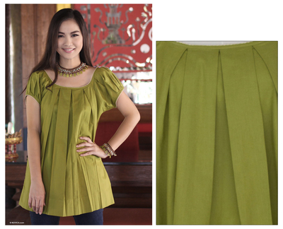 Cotton blouse, 'Olive Green Pleats' - Short Sleeve Blouse from Thailand