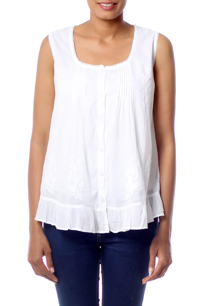 Cotton blouse, 'Morning Cloud' - White Cotton Embroidered Blouse with Pintucks