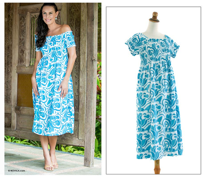 Cotton dress, 'Indonesian Sky' - Handmade Floral Cotton Dress White and Blue