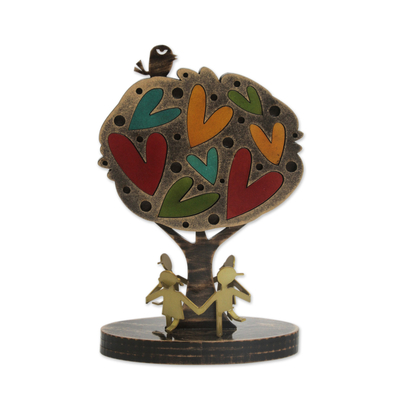 Wood and aluminum sculpture, 'Tree of Joy' - Colorful Peruvian Tree Sculpture with Hearts and Bird