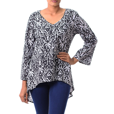Cotton tunic, 'Monochrome Beauty' - Black and White Abstract Screen Printed Cotton Tunic