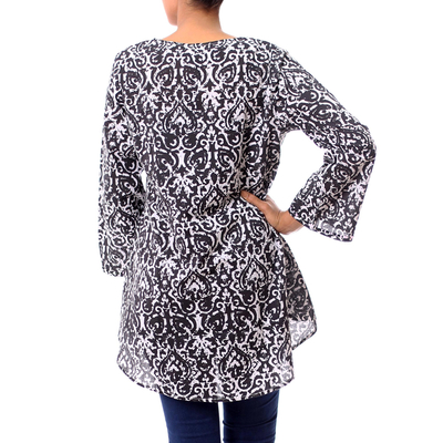 Cotton tunic, 'Monochrome Beauty' - Black and White Abstract Screen Printed Cotton Tunic