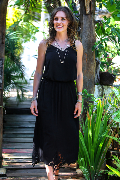 Rayon midi skirt, 'Juwita Style' - Hand-Embroidered Rayon Midi Skirt in Onyx from Bali