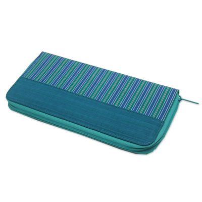 Cotton wallet, 'Humble Lurik Teal' - Hand Woven Teal Striped Cotton Wallet with Zipper Closure