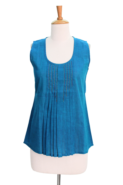Cotton blouse, 'Varkala Sea' - Hand Woven Blue Cotton Sleeveless Blouse from India