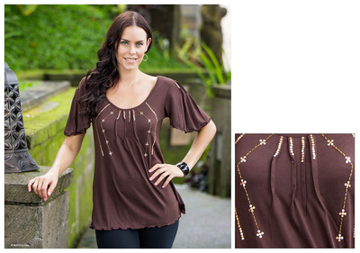 Jersey knit blouse, 'Elegant Brown' - Brown Jersey Knit Blouse with Flutter Sleeves