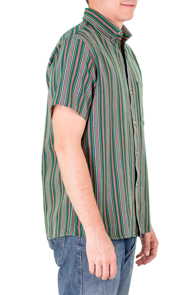 Men's cotton short sleeve shirt, 'Grove of Coban' - Men's Green Striped Cotton Short Sleeve Shirt from Guatemala