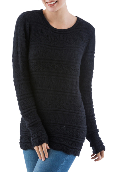 pullover aus 100 % Babyalpaka - Schwarzer, geometrisch gestrickter Pullover aus Babyalpaka
