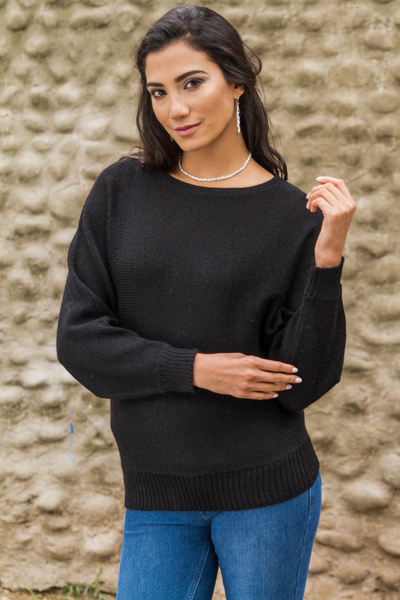 Jersey 100% alpaca - Suéter negro de manga dolman de alpaca para mujer