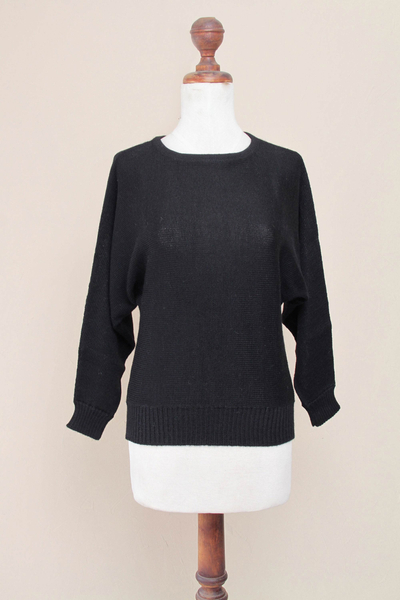 100% alpaca sweater, 'Black Dolman Grace' - Black Alpaca Pullover Dolman Sleeve Sweater for Women