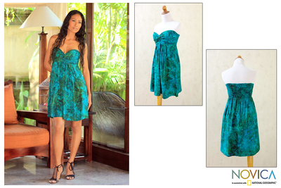 Batik dress, 'Java Emerald' - Unique Batik Patterned Strapless Dress