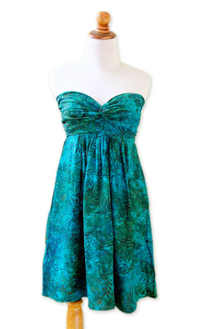 Batik dress, 'Java Emerald' - Unique Batik Patterned Strapless Dress