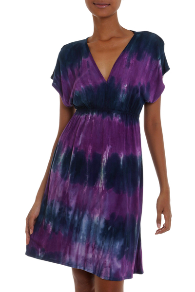 Vestido mezcla de rayón - Vestido de mezcla de rayón teñido anudado de longitud media en lila e índigo