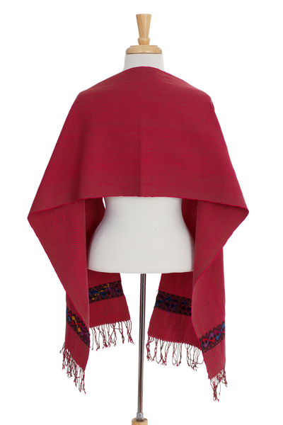 Cotton rebozo shawl, 'Mountain Roses' - Burgundy Cotton Shawl Mexican Rebozo Woven by Hand