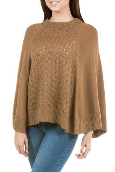 Alpaca blend poncho, 'Andes in Brown' - Knit Brown Alpaca Blend Poncho with Fretwork from Peru