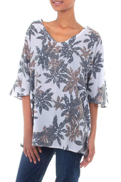Rayon tunic, 'Ylang Flower' - Bali Brown and Black Hand Stamped White Rayon Tunic Top