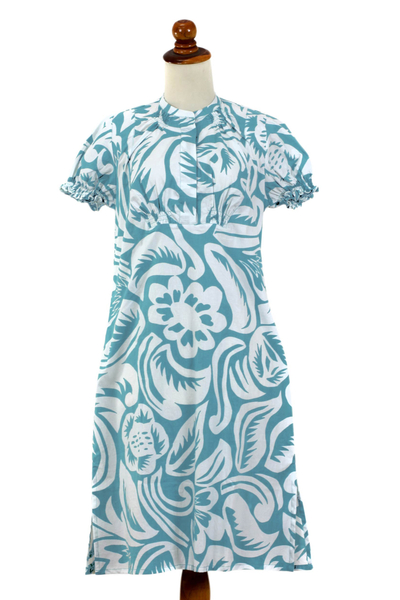 Cotton dress, 'Balinese Paradise' - Silk Screened Floral Print Feminine Cotton Dress