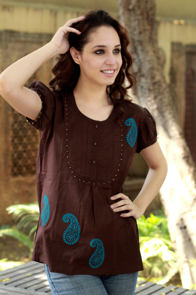 Cotton blouse, 'Chocolate Paisley' - Hand Crafted Brow Cotton Paisley Cotton Blouse
