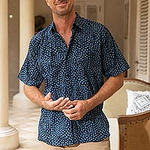 Men's 100% Cotton Navy Short Sleeve Hand Made Batik Shirt, 'Pixel Play'