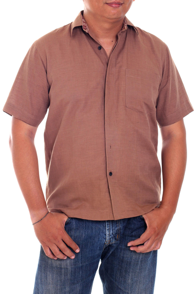 Men's cotton shirt, 'Lombok Cinnamon' - Men's Brown Cotton Short Sleeve Shirt
