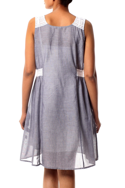 Cotton dress, 'A Touch of Lace' - Lace Trim Blue 100% Cotton Chambray Dress from India