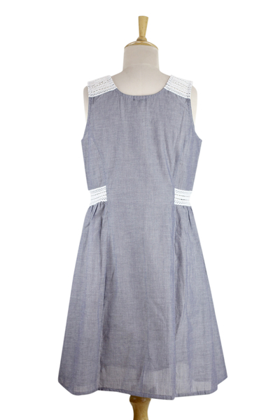Cotton dress, 'A Touch of Lace' - Lace Trim Blue 100% Cotton Chambray Dress from India