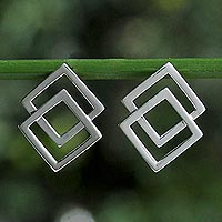 Sterling silver button earrings, 'Forever Square' - Thai Sterling Silver Square Geometric Button Earrings