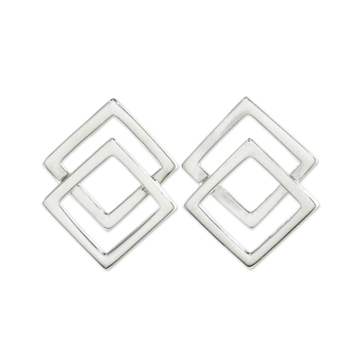 Sterling silver button earrings, 'Forever Square' - Thai Sterling Silver Square Geometric Button Earrings