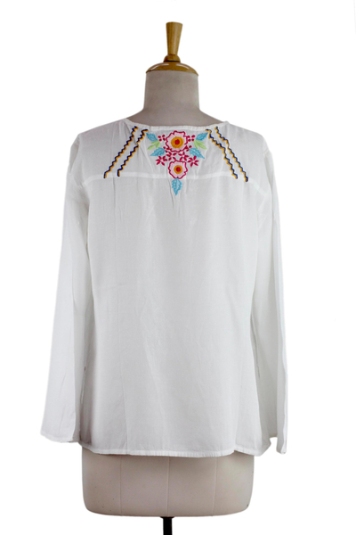 Embroidered blouse, 'Bright Bouquet' - White Viscose Blouse with Colorful Embroidery