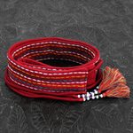 Beaded cotton tie belt, 'Crimson Color' - Red Embroidered Cotton Tie Belt with Beads from India