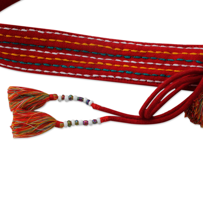 Beaded cotton tie belt, 'Crimson Color' - Red Embroidered Cotton Tie Belt with Beads from India
