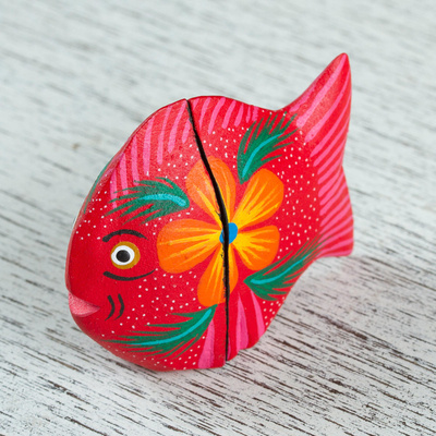 Wood alebrije flash drive, 'Floral Fish' - Handcrafted Wood Fish Alebrije Flash Drive with 8 GB USB