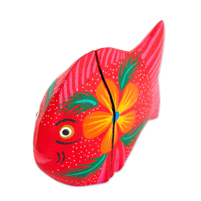 Wood alebrije flash drive, 'Floral Fish' - Handcrafted Wood Fish Alebrije Flash Drive with 8 GB USB