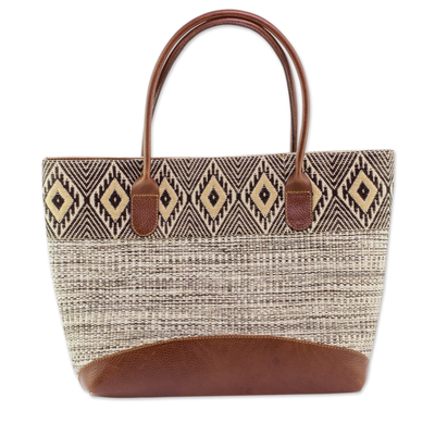 Leather accent cotton tote bag, 'Mayan Chic' - Natural Cotton and Black Diamond Motif Leather Accent Tote