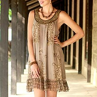Embellished dress, 'Golden Paisley' - Beaded A-Line Golden Dress with Sequins and Ruffles