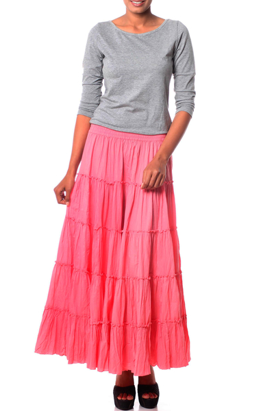 Cotton skirt, 'Strawberry Frills' - Rosy Pink Cotton Long Ruffled Skirt from India